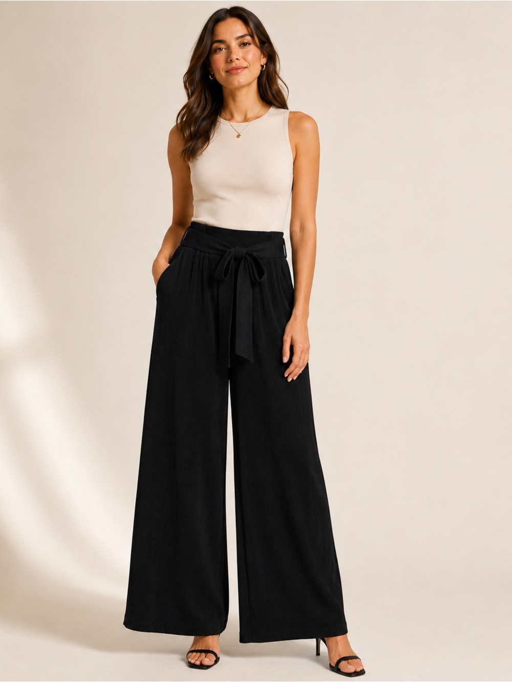 Alfani Womens Midsummer Wide Leg Ribbed Pants Black Tie Waist L Flowy Comfy NWT